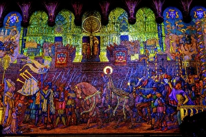Mosaic Prints: Colorful Gilded Saint Joan of Arc Mosaic Basilica of Notre Dame de Fourvière Lyon France