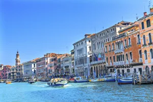Grand Canal Prints: Colorful Grand Canal Boats gondola reflections, Venice, Italy