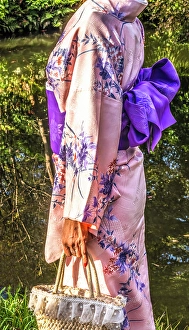 Buddhist Prints: Colorful Japanese kimono with purple obi, Kiyomizu Buddhist Temple, Kyoto, Japan