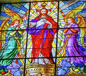 Colorful Jesus Archangels Stained glass Cathedral Puebla, Mexico