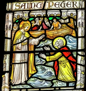 Images Dated 16th December 2024: Colorful Jesus Calling St. Peter Sea of Galilee stained glass