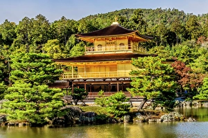 Colorful Kinkaku-Ji (Rokuon-Ji) golden pavilion, Kyoto, Japan. Dates to 1397 Constructed by Shogun Ashikaga Yoshimasa. (Editorial Use Only)
