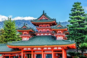 Kyoto Prints: Colorful large red Soryu-ro Blue Dragon Tower