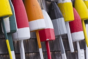 Images Dated 24th June 2011: Colorful lobster buoys hang from harbor deck in Bernard, Maine, USA