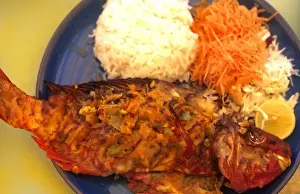Dine Prints: Colorful local fish food at La Digue in the Seychelle Islands of Africa