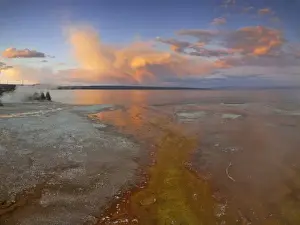 Mineral Deposit Prints: Colorful mineral deposits emit from Black Pool geyser in the West Thumb Geyser Basin