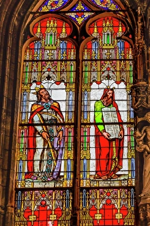 Colorful Moses, King David stained glass, Eglise Saint-Bonaventure, Lyon, France. Church finished 1327. (Editorial Use Only)