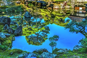 Buddhist Prints: Colorful pond reflection Togu-do Hall