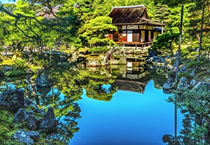 Buddhist Prints: Colorful pond reflection Togu-do Hall