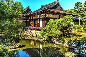 Buddhist Prints: Colorful pond reflection Togu-do Hall