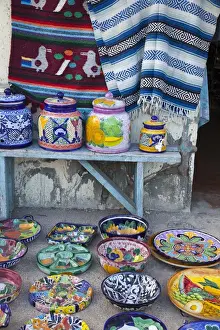 Baja Prints: Colorful pottery and blankets for sale in downtown Loreto Mexico