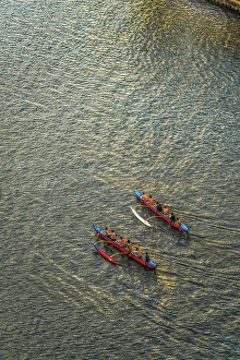 Images Dated 24th January 2024: Colorful red canoes, Ala Wai Canal, Honolulu, Oahu, Hawaii
