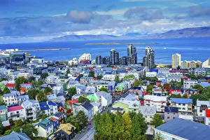 Corrugated Iron Prints: Colorful red green blue Houses Apartment Buildings Cars Bus Streets Ocean, Reykjavik