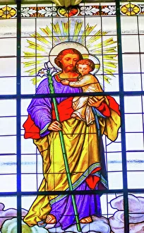 Basilica Prints: Colorful Saint Joseph Father Baby Jesus Lily Stained glass Cathedral Puebla, Mexico