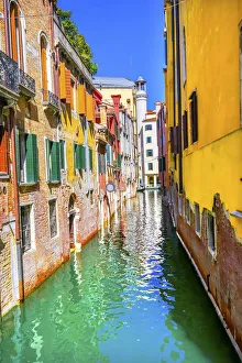 Cityscape Prints: Colorful small canal building reflection, Venice, Italy