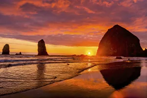 Images Dated 2021 July: Colorful sunset, birds, Haystack Rock sea stacks, Canon Beach, Clatsop County, Oregon