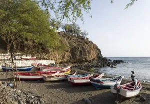 Transportation Prints: Colorful traditional fishing boats at the historic waterfront