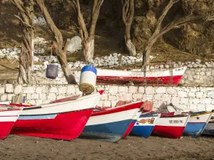 Transportation Prints: Colorful traditional fishing boats at the historic waterfront