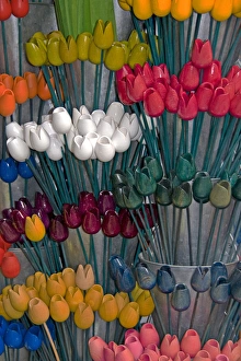 Images Dated 6th September 2007: A colorful variety of Holland souvenir wooden tulips at the Bloemenmarket