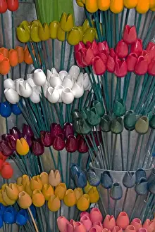 Marilyn Parver Prints: A colorful variety of Holland souvenir wooden tulips at the Bloemenmarket