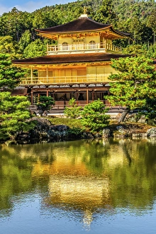 Zen Buddhism Prints: Colorful water reflection, Kinkaku-Ji (Rokuon-Ji) golden pavilion