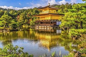 Zen Buddhism Prints: Colorful water reflection, Kinkaku-Ji (Rokuon-Ji) golden pavilion