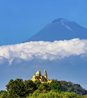 Place Prints: Colorful yellow Iglesia de Nuestra Senora de los Remedios, Popocatepetl, Cholula, Puebla