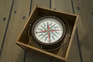 Compass on deck of replica of one of the three ships that sailed from England to Virginia in 1607