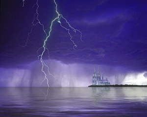Images Dated 25th January 2016: Composite of fantasy cathedral, lightning and water