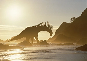 Imaginative Prints: Concept of Amargasaurus dinosaur on ocean shore