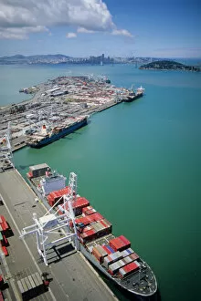 Container ship being loaded at the port of Oakland, California. container