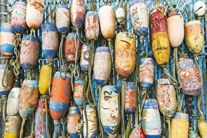 Buoy Prints: Coos Bay, Oregon, USA. Colorful crab trap floats on the Oregon coast