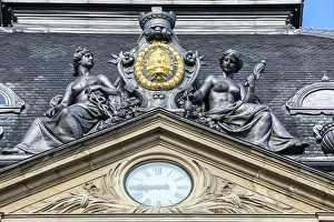 Royal Palace Prints: Copenhagen, Denmark. Clock tower, royal coat of arms