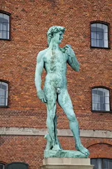 Inti St Clair Prints: Copenhagen, Denmark - Low angle view of a sculpture of David. A brick building is