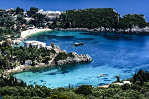 Cove Prints: Corfu, Greece. Aerial view of beach, coves, Ionian Sea, and a resort