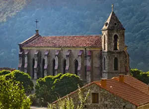 Old Fashioned Prints: Corsica. France. Europe. Church & house in mountain village of Zicavo