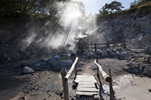 Images Dated 26th January 2009: Costa Rica, Guanacaste Province, Miravalles, Steam rises up from fumarole by walkway