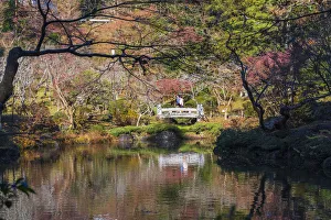 Prints of Couple walking across a bridge over a pond in the Narita Temple Garden Images Dated 2017 December: Couple walking across a bridge over a pond in the Narita Temple Garden