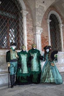 Carnival Prints: Two Couples all dressed up Venice at Carnival Time, Italy