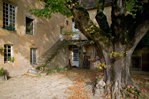 Middle Age Prints: Court yard, Montpazier, Dordogne, Perigord, France. A bastide or fortified town