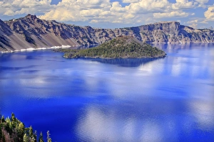 Crater Prints: Crater Lake Reflection Wizard Island, Clouds Blue Sky Oregon Pacific Northwest