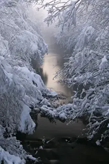 Images Dated 25th January 2012: Creek Kleine Ach in the Lermooser Moos wetlands after sunset during winter with deep snow