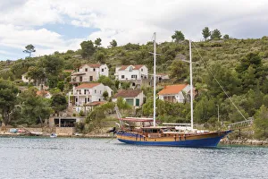Yacht Prints: Croatia, Brac, Bobovisca. Tour boat at anchor