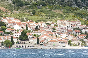 Place Prints: Croatia, Brac, Bol. Agriculture and Spanish Broom above marina. Heavy surf