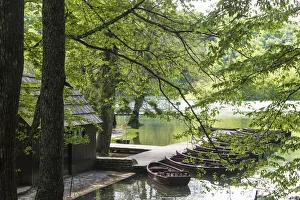 Croatia, Plitvice National Park. Boat dock for rentals and electric tour boats Croatia, Plitvice National Park. Boat dock for rentals and electric tour boats