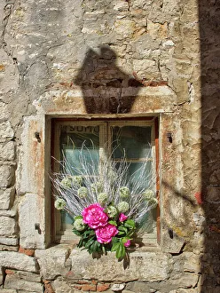 Rovinj Prints: Croatia, Rovinj, Istria. Colorful bouquet of flowers decorate an old window