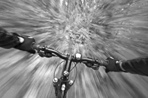 Black And White Prints: Cruising down a buff section of singletrack trail from the riders perspective near