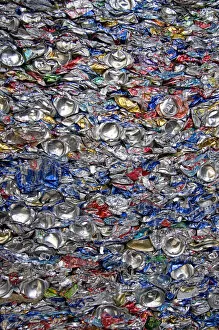 Crushed aluminum cans at a recycling facility in Boise, Idaho. aluminum, aluminum cans