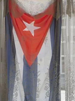 Still Life Prints: Cuba, Havana, Cuban flag in window