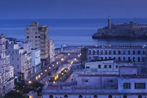 Socialist Prints: Cuba, Havana, elevated city view above Paseo de Marti towards Castillo de los Tres